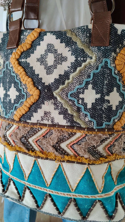 White Blue Ikat Banjara Handcrafted Embroidery Tote Bag