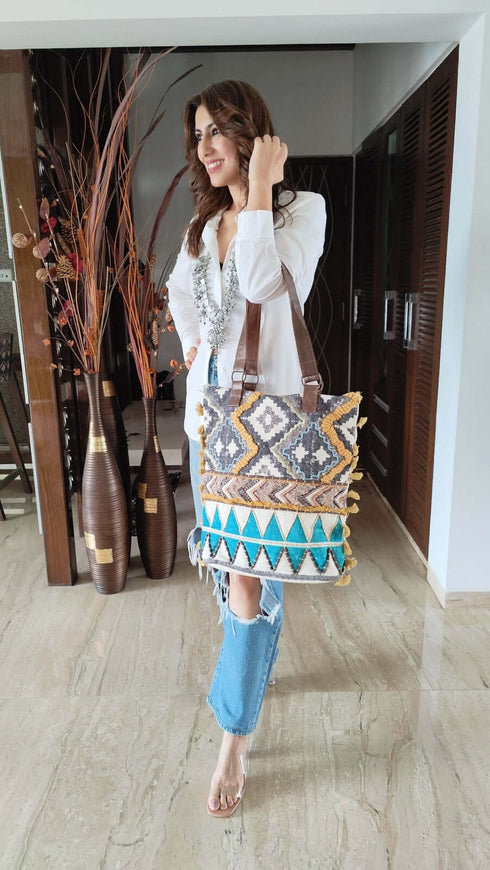 White Blue Ikat Banjara Handcrafted Embroidery Tote Bag