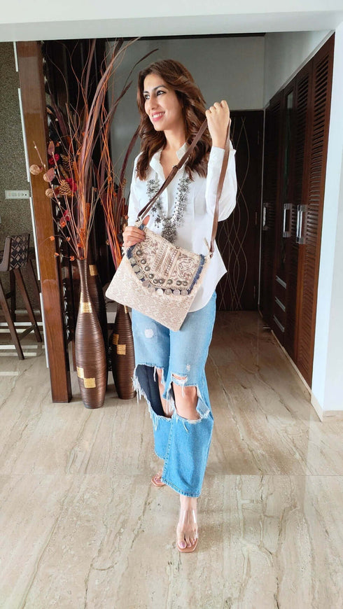 White Coin Sling Bag Banjara Handcrafted