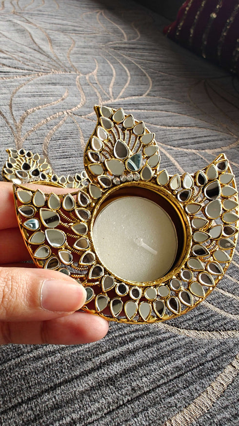 White Gold Kundan Diya Set (Pair of 2) - Accessory