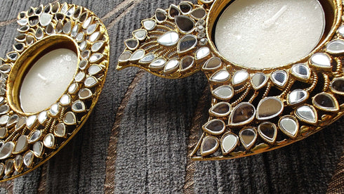 White Gold Kundan Diya Set (Pair of 2) - Accessory