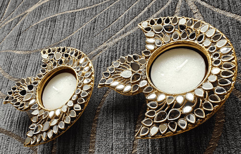 White Gold Kundan Diya Set (Pair of 2) - Accessory