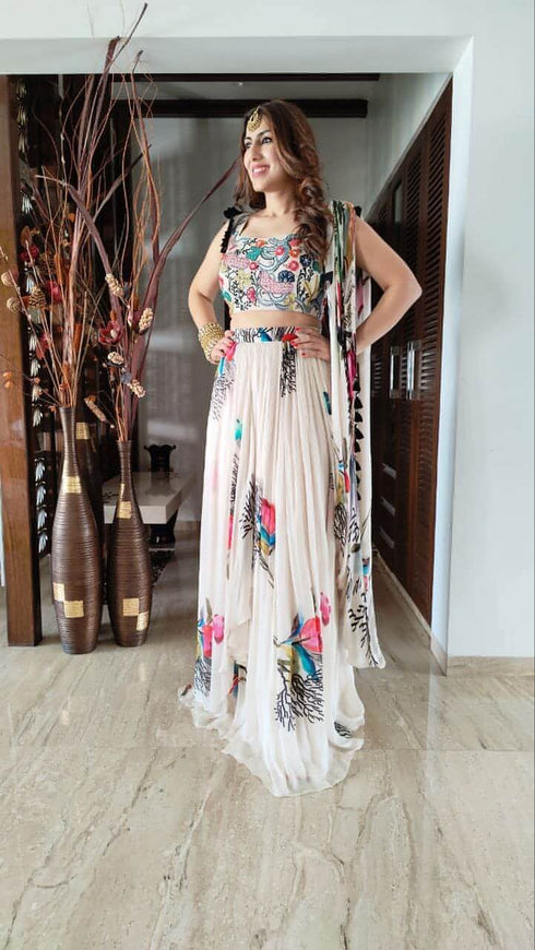 White Lehenga Set Attached Dupatta