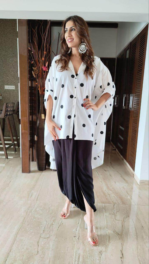White Polka Dot Shirt With Black Dhoti