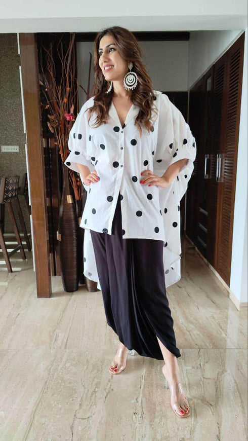 White Polka Dot Shirt With Black Dhoti