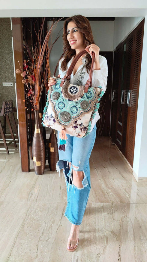 White Velvet Crochet Beadwork Banjara Handcrafted Embroidery Tote Bag