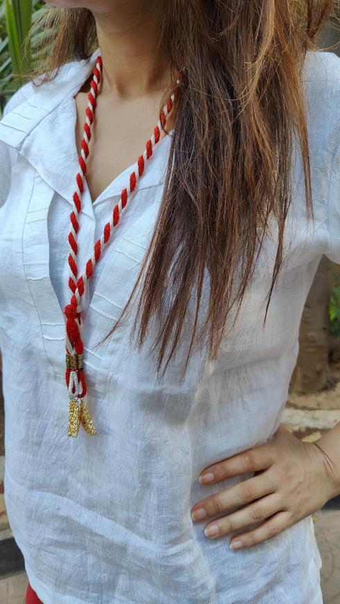 White Red Drape Pants with Necklace Coord Set