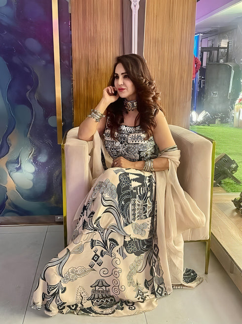 (@Yasmin Karachiwala) Creamy Charcoal Drape 3 Piece Set