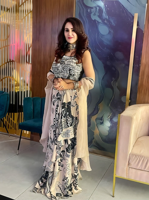 (@Yasmin Karachiwala) Creamy Charcoal Drape 3 Piece Set