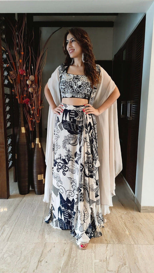 (@Yasmin Karachiwala) Creamy Charcoal Drape 3 Piece Set