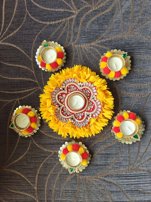 Yellow Flower Diya Rangoli Set - Accessory