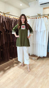 A-Line Khakhi Green Kurta with Drape Pant Set - view 2