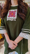 A-Line Khakhi Green Kurta with Drape Pant Set - view 3