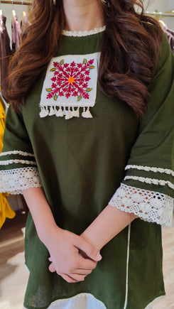 A-Line Khakhi Green Kurta with Drape Pant Set - view 3