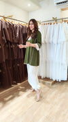 A-Line Khakhi Green Kurta with Drape Pant Set - view 4