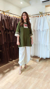 A-Line Khakhi Green Kurta with Drape Pant Set - view 6