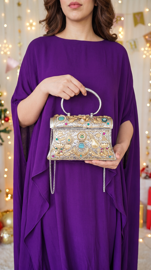 Crescent Lotus Oxidised Bag, front view, Label DC