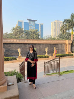 Black And Red Long Embroidered Kurta With Pants - view 10