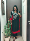 Black And Red Long Embroidered Kurta With Pants - view 11