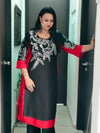 Black And Red Long Embroidered Kurta With Pants - view 12