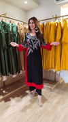 Black And Red Long Embroidered Kurta With Pants - view 4
