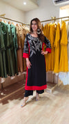 Black And Red Long Embroidered Kurta With Pants - view 5