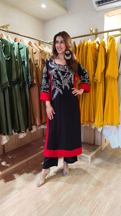 Black And Red Long Embroidered Kurta With Pants - view 5