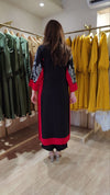Black And Red Long Embroidered Kurta With Pants - view 8