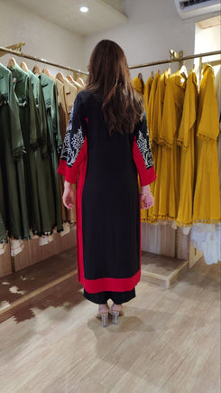 Black And Red Long Embroidered Kurta With Pants - view 8
