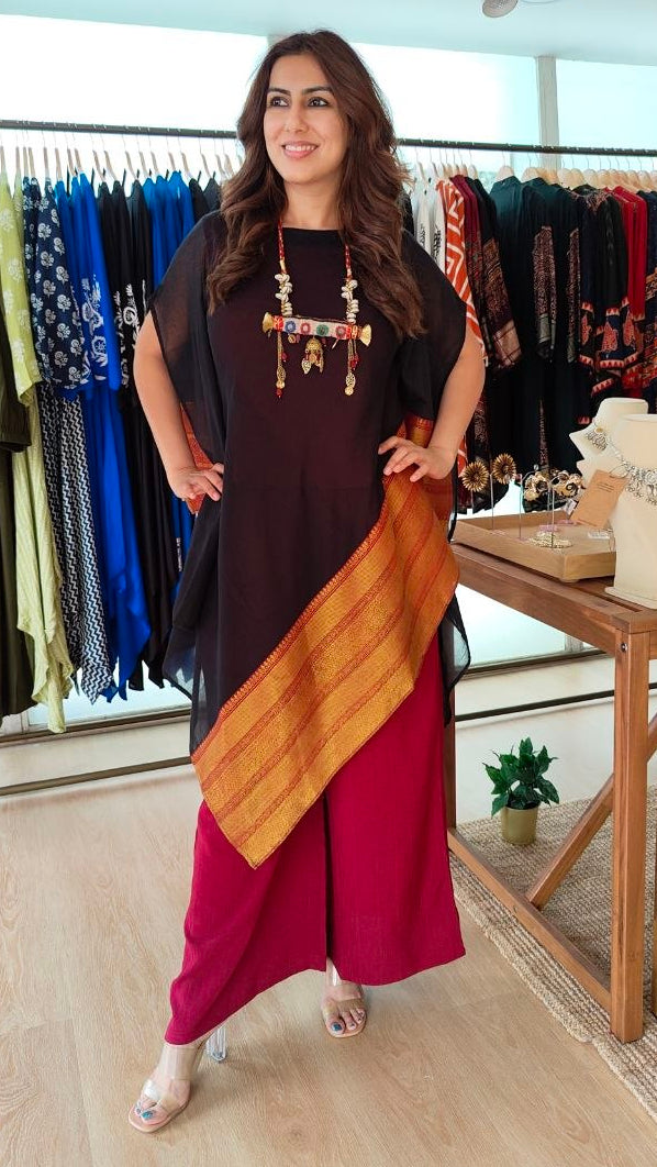 Black Maroon 4 piece Kaftan Coord Set with Camisole & Neckpiece