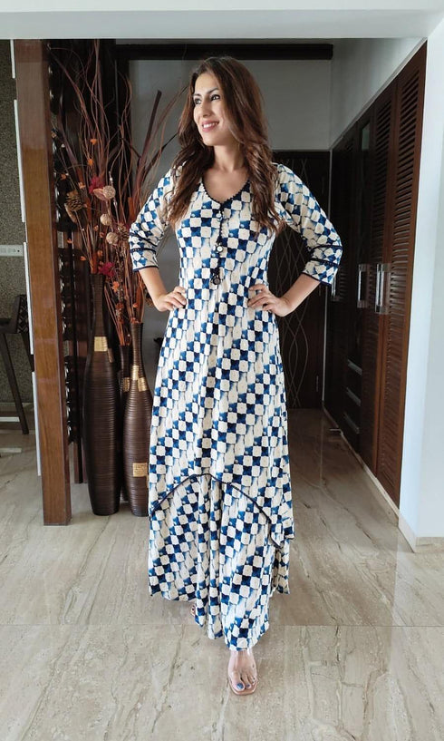 Blue Checks Dhoti Skirt Dress