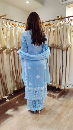 Long Blue Cutwork Chikan Hand Embroidery Set - view 10