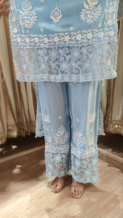 Long Blue Cutwork Chikan Hand Embroidery Set - view 5