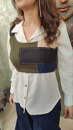 Blue Flared Pants With Patchwork Corset Top - view 5