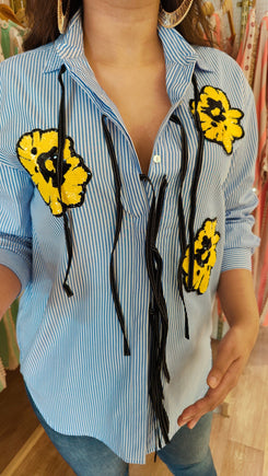 Blue Hand Embroidered Tie-up Shirt - view 2