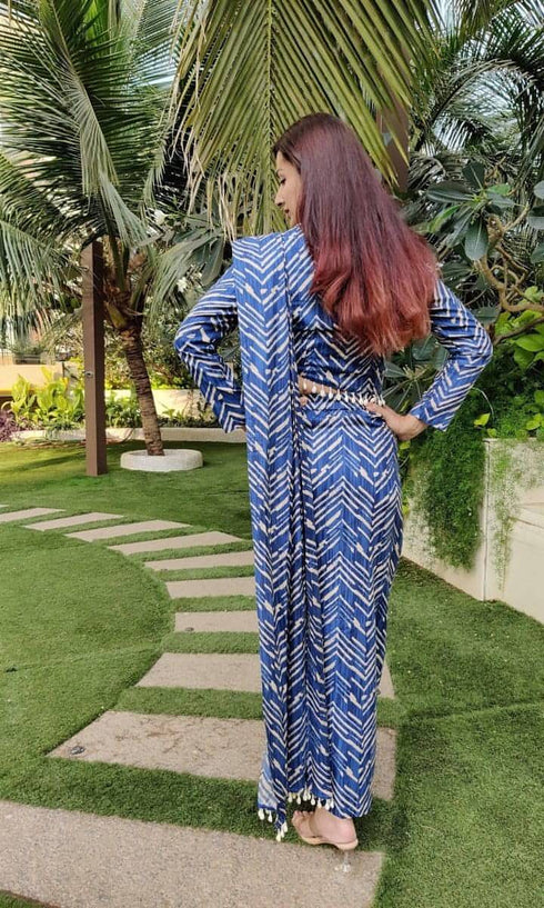 Blue Shell Skirt Sari - Two Piece Set