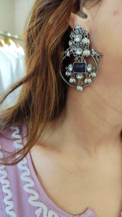 Blue Stone Oxidize Earrings - view 8