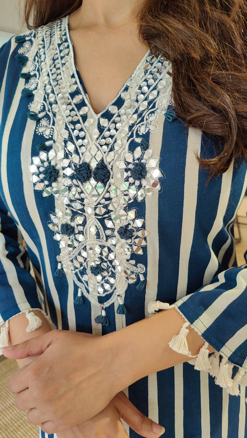 Blue Striped Embroidered Kurta Farshi Set - view 6