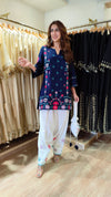 Blue White Embroidered Farshi Set with Potli - view 2