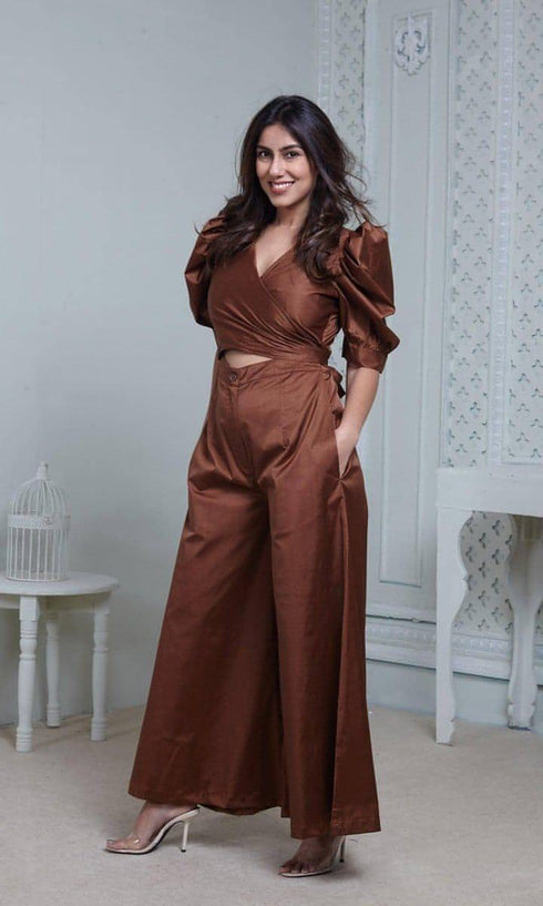 Brown Puffy Sleeved Jumpsuit