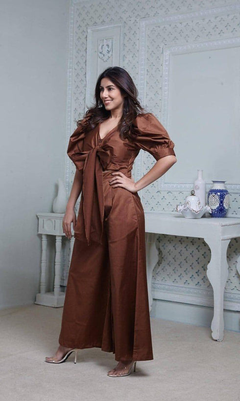 Brown Puffy Sleeved Jumpsuit