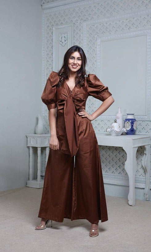 Brown Puffy Sleeved Jumpsuit