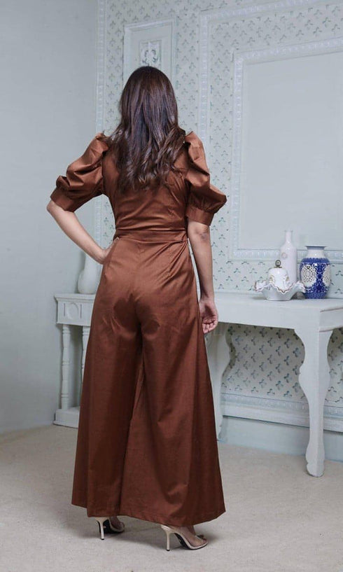 Brown Puffy Sleeved Jumpsuit