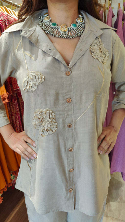 Coffee Brown Coord Set With Floral 3D Applique - view 2