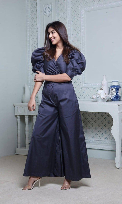 Dark Blue Puffy Sleeved Jumpsuit