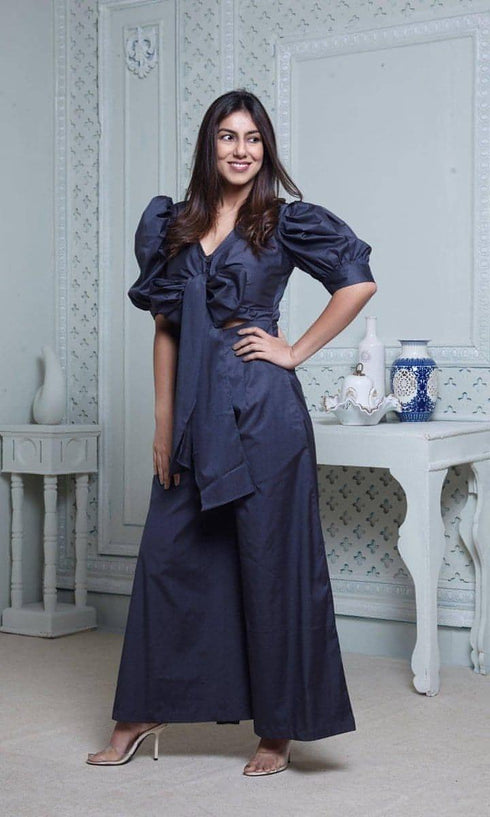 Dark Blue Puffy Sleeved Jumpsuit