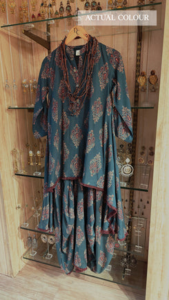 Dark Green Dhoti Skirt Dress with Neckpiece - view 4