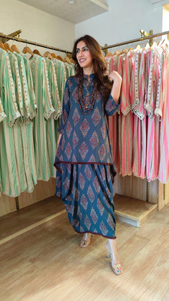 Dark Green Dhoti Skirt Dress with Neckpiece - view 5