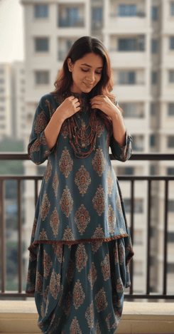 Dark Green Dhoti Skirt Dress with Neckpiece - view 6