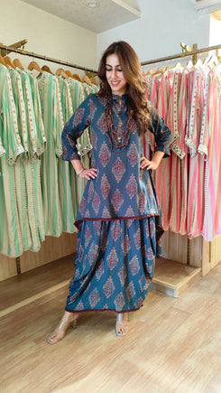 Dark Green Dhoti Skirt Dress with Neckpiece - view 7